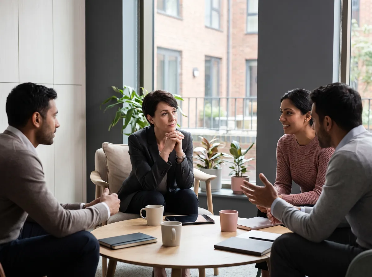 Una team leader ascolta tre collaboratori seduti attorno a un tavolino