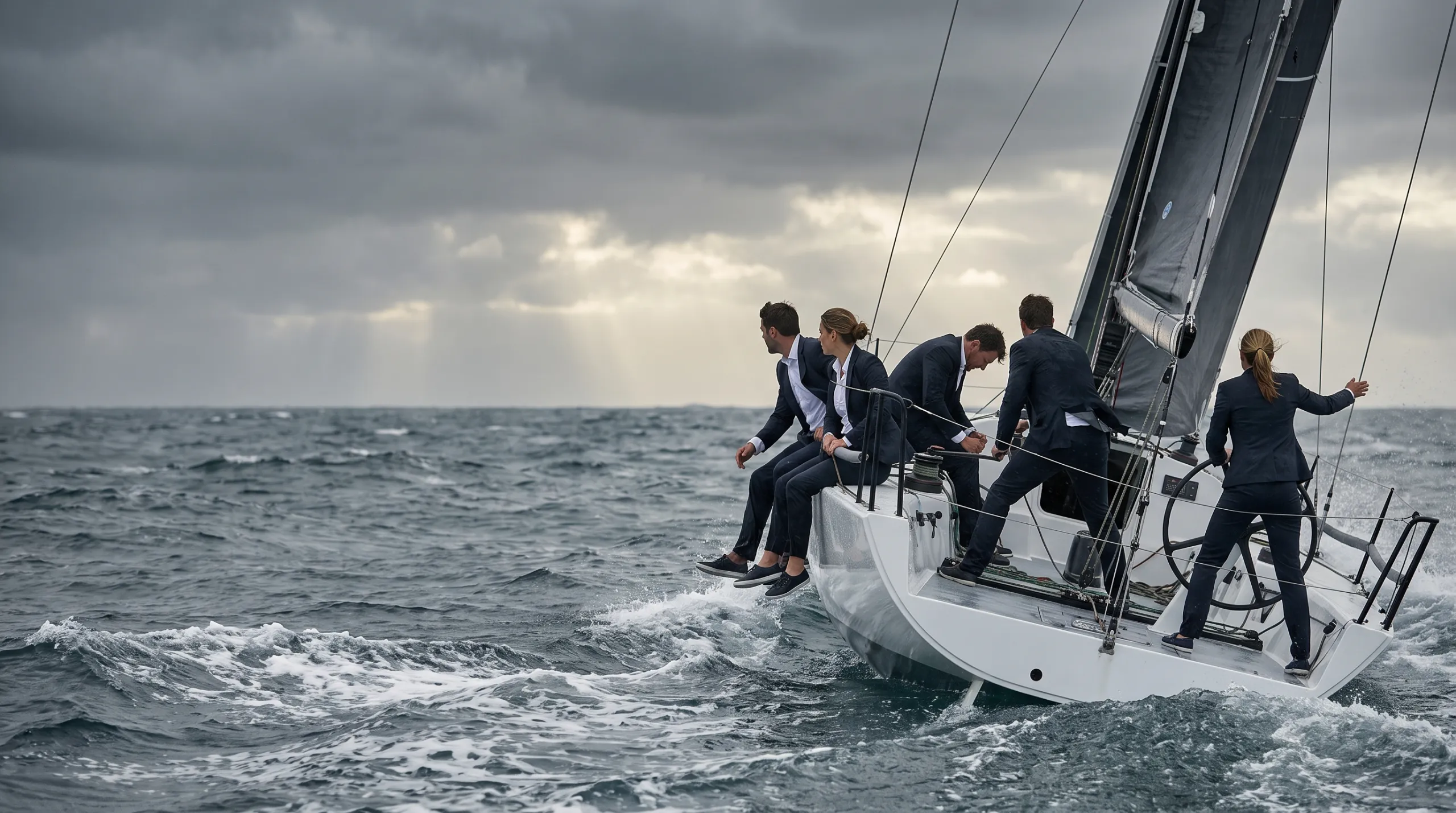 Equipaggio in abito su una barca da regata con mare mosso